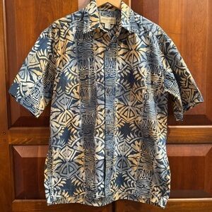 Johari West Hawaiian Tribal Dye Short Sleeve Button Up Shirt 100% Cotton Size L